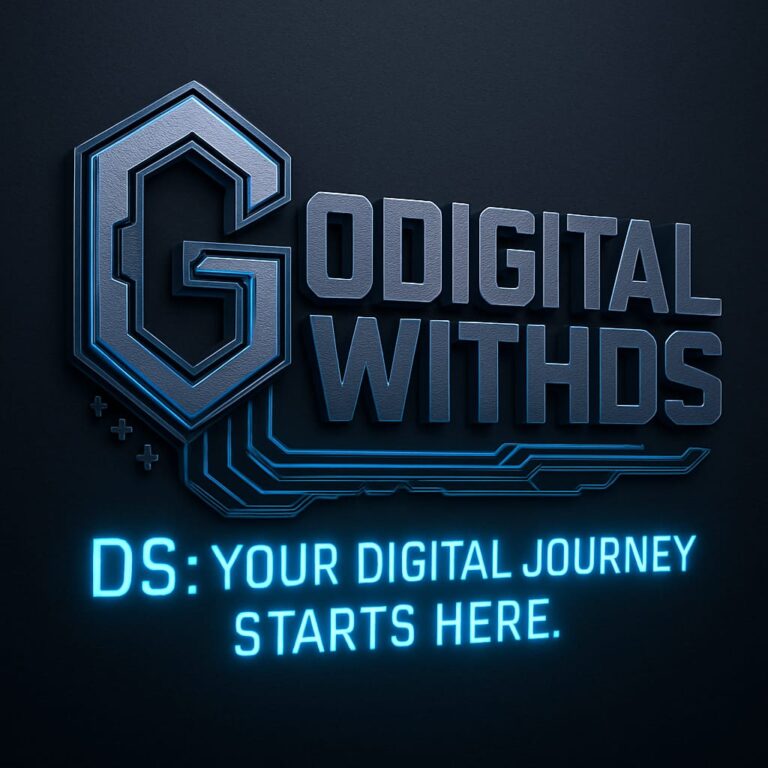 Logo of "godigitalwithds" with a futuristic metallic design and tagline: "DS: Your digital journey starts here.